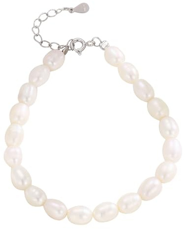 Hmzidz Pulsera Mujer con Perlas de Agua Dulce,Brazalete Niña Plata de Ley 925,Pulsera de Cadena de Irregulares Perlas Barrocas,Bonitas Bisuteria Pulseras Regalo para Mama y Abuela,Ajustable (19)