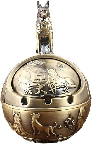 Stylitzy Vintage Ashtray with Lid for Cigarettes,Metal Windproof Smokeless Odorless Ash Tray Holder for Indoor Outdoor Decorative Hand-Carved Fancy Gift Ornament for Home Office (Bronze Dog)