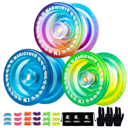 Reaktionsfähiges JoJo für Kinder, 3er Pack Kinder Jojos K1 Set, Tricks JoJo mit JoJo Hubstacks für Finger Spin Tricks + 3 JoJo Taschen + 18 JoJo Schnüre + 3 JoJo Koffer (Blau +Lila +Blau Rosa Gelb)