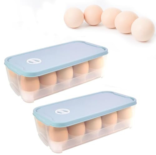 SLTAXAR Set di 2 Portauova Plastica a 10 Scomparti Contenitore Plastica Uova per Frigorifero Scatole Porta Uova con Coperchio, con Numeri di Promemoria della Data, 24.5 * 12 * 7cm, Azzurro