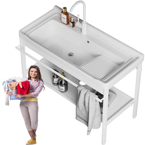 YANGYMM Freistehendes SpüLbecken, Freistehendes Waschbecken Keramik Mit Waschbrett, SpüLbecken mit AblagefläChe, Ausgussbecken-Waschstation für WaschküChe, Garage, Keller,24(61cm)