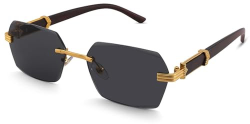 LOJUDI Randlose Sonnenbrille Herren Damen - Retro Rechteckig Rahmenlose Coole Sonnenbrillen Ohne Rahmen Vintage 90er Jahre Brille mit UV400 Schutz-Gold/Schwarz