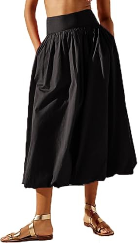 ThiCc Jupe longue à bulles pour femme – Y2k Boho Casual Fashion Coupe ample élastique taille haute fluide Jupe longue d'été Jupe ballon mignonne jupe bouffante pour vacances plage Ourfit, Noir , S