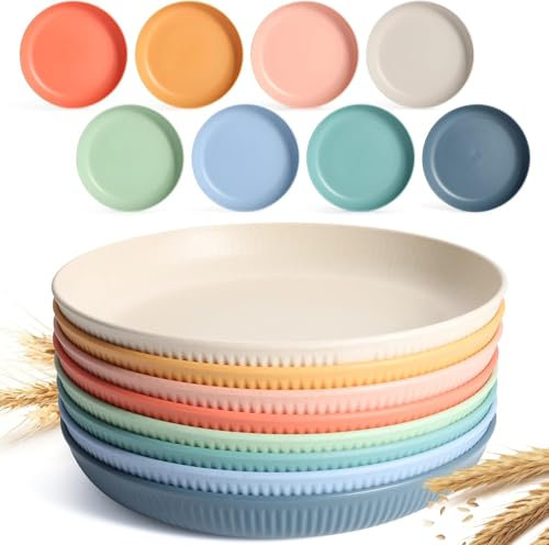 8 pcs Unbreakable Dinner Plates Set, 9 Inches Reusable Deep Plastic Dinner Plates for Kitchen, Lightweight Plastic Camping Plates, Unbreakable Kids Plates with 8 Colors, Microwave & Dishwasher Safe