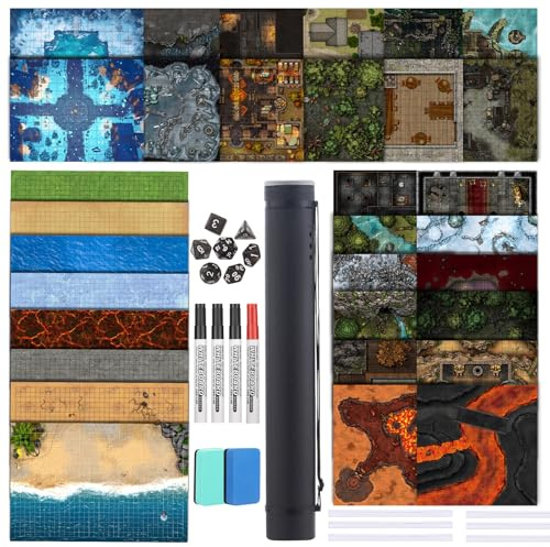 DND Kampfmatten für Dungeons & Dragons, 32 Terrain, 61 x 91,4 cm, doppelseitig, trocken abwischbar, mit Würfel-Set, Clips, Radiergummi, Markern