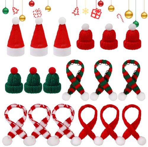18 Stück Mini Weihnachtsmütze und Schal Set, Mini-Strickmütze des Weihnachten, Nikolausmütze Klein für Weinflasche Abdeckung, Klein Nikolausmütze und Mini-Schals für Weihnachtsfeiern Dekoration, Party