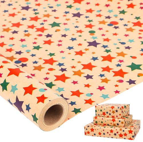 HBell Stars Wrapping Paper Roll,43cm*10m Colorful Star Wrapping Paper,Colored Kraft Gift Wrapping paper for Birthday, Christmas,Baby Shower,Party,Festive Decorations