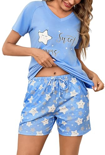 Litherday Womens Pyjamas Set Cotton Short Sleeve PJs Summer Cute Star Print