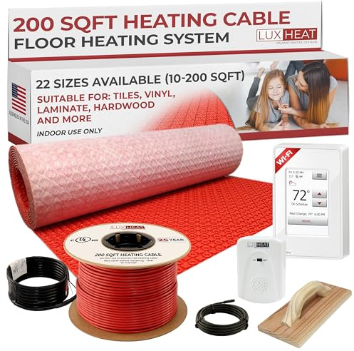 LuxHeat 200sqft Electric Radiant Floor Heating System - 240v Infloor Heat Kit for Tile, Laminate, Vinyl Includes UWG4 WiFi Programmable Thermostat w/GFCI, Uncoupling Membrane, Cable, Monitor & Sensor