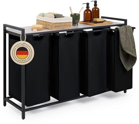 Blumtal Wäschesammler 4 Fächer Schwarz - Wäschekorb mit Ablage in Beton-Optik - Wäscheschrank mit Metall-Rahmen in Schwarz - Wäschekorb mit Beinen - Wäschesortierer 4 Fächer - Wäschetrenner Wäsche