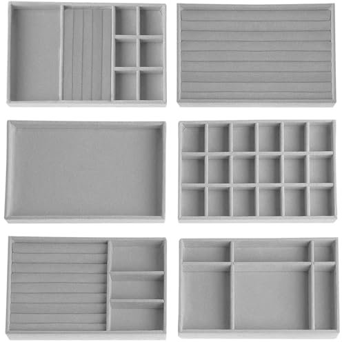 Lighterday Schmuckaufbewahrung Schublade,6 Stuck Schmucktablett,SchmuckkäStchen Schmuck Organizers Samt Stapelbar,Jewelry Organizer für Schmuck,Ohrringe,Armband,Ringe Aufbewahrung (Grau)