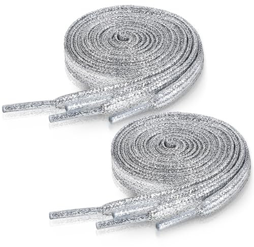 Ouligay 2 par silverglitter skosnören för träningsskor sneakers bling metalliskt silver skosnöre 43 tum 9 mm breda platta skosnören glänsande skosnören för barn vuxna sportskor 110 cm, SILVER