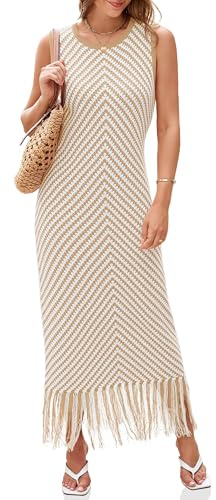 Wenrine Vestido de Ganchillo de Verano para Mujer 2025 otoño Casual Rayas Borla sin Mangas Boho Maxi Vestidos