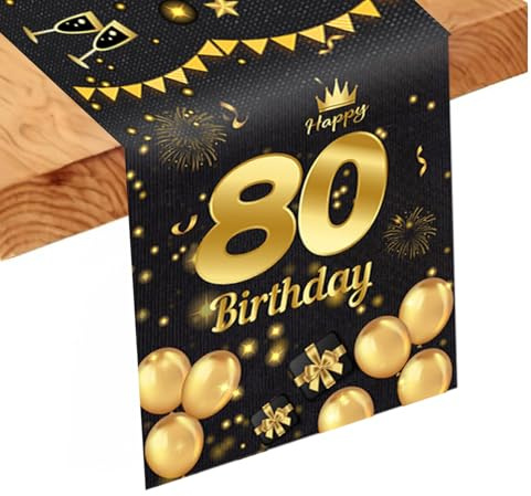 Tischläufer 80 Geburtstag, Schwarz Goldene Party Tischdecke aus Leinen | 186 x 34cm Tischläufer 80 Geburtstag für Jungen, Mädchen, Geburtstagsfeier, Feier, Party, Tischdecke, Dekoration