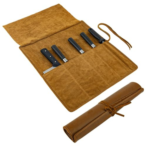 Adfuenom Borsa portacoltelli in vera pelle, coltello da cucina, coltello portatile con 5 scomparti, borsa per coltelli da cucina, rotolo per coltelli per campeggio, escursioni, regalo per uomini e
