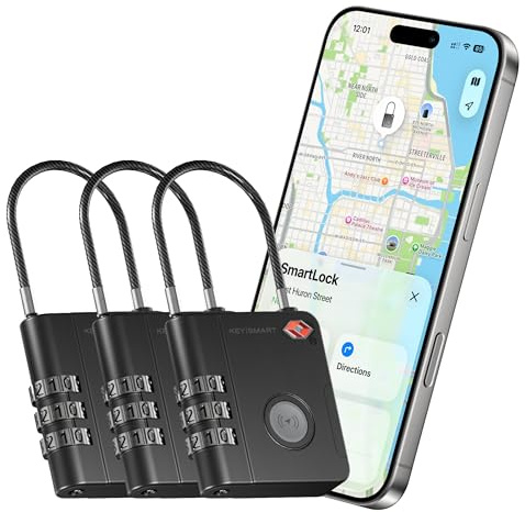 KeySmart SmartLock Gepäckschlösser mit Tracking TSA-zugelassen – kompatibel mit Apple Find My App, Bluetooth GPS-Tracker, austauschbare nicht wiederaufladbare Batterie (3 Stück)