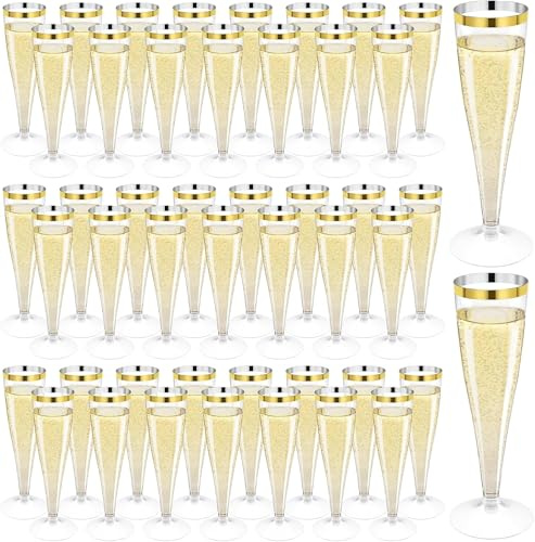 100 PCS Plastic Champagne Flutes, 130 ml Champagne Glasses Mimosa Cocktail Cups, Plastic Champagne Cups with Gold Rim for Party Wedding Birthday Celebration