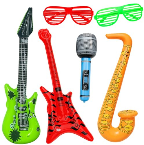 Air Guitars for Inflating, Set of 6 with Inflatable Guitar, Bass, Saxophone and Microphone, Ideal for Photo Box Accessories, Music Parties and Wedding Decoration