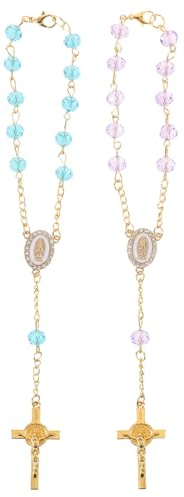 MAGICLULU 2er-Set Rosenkranz zum Aufhängen am Autospiegel, katholischer Rosenkranz-Anhänger mit Kreuz und Marienmedaille – blauer und violetter Perlenanhänger für den Auto-Rückspiegel