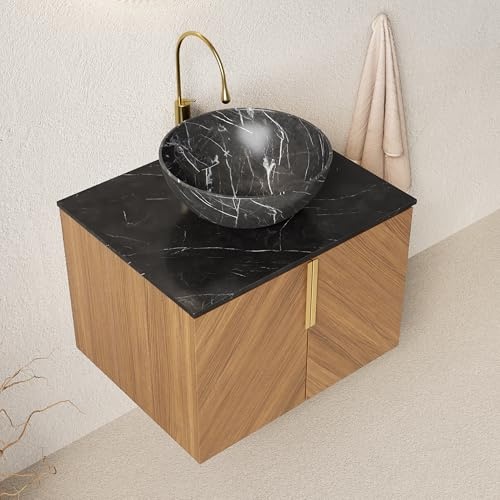 DRIXNO Waschtisch mit Unterschrank, Aufsatzwaschbecken Waschbeckenunterschrank 61cm, Waschplatz, Keramik Waschbecken, Badezimmmer Möbel für Gäste WC, Badmöbel Set, Espresso Holzmaserung Farbe