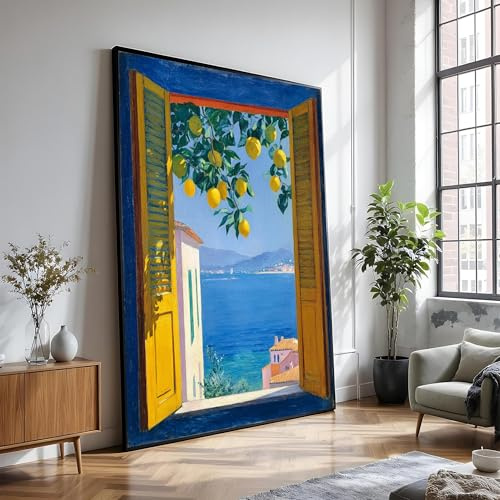 XINBAO Blick vom Fenster auf einen Zitronenbaum im mediterranen Stil mit Blick auf das blaue Meer und ein Küstendorf – Poster, Gemälde, Leinwandbild (50x75cm/Innenrahmen)