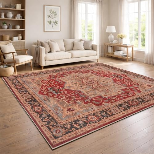 Paco Home Vintage Wohnzimmerteppich Kurzflor Boho Stil Waschbar & rutschfest pflegeleicht modernes Retro Design, Farbe:Rot, Größe:240x340 cm