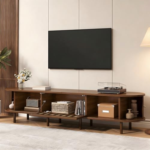 Soporte de TV ovalado en nogal oscuro, diseño de ratán, diseño de MDF, capacidad de carga de 30 kg, diseño de puerta con persiana, armario de TV, armario de salón, incluye un armario con puerta
