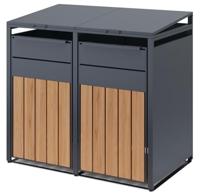 OMERAI Mülltonnenbox 2er für 2 Mülltonne bis 240L Anthrazit mit Holzoptik | Hochwertige Mülltonnenverkleidung - Wetterfest Garten Müllbox - UV-beständige - Stahl Verzinkter - Mülltonnecontainer