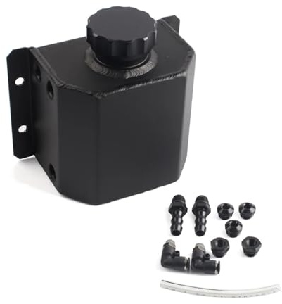 1L aluminium oljefångare reservoartank med avtappningsplugg Breather Oljetank Bränsletank Universal stil Servostyrningsolja Behållare(Black)