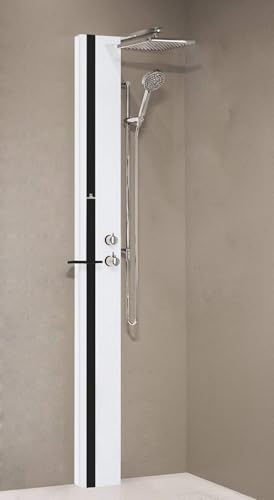 Novellini Duschsäule Line 1 Standard ohne Sitz ausgestattet Thermostat-Mischbatterie Farbe Silber Band Regal Schwarz matt Duschkopf Ablage für Gegenstände Handbrause Größe 22 x 57,5 x H 215 cm