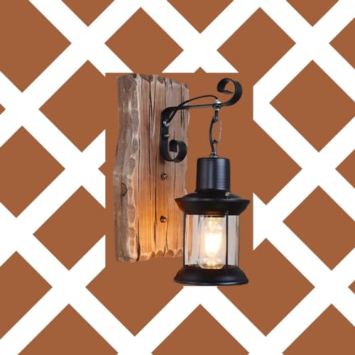 Wandleuchter Holz Industrieller Stil Vintage Wandlampe Amerikanischer Kunst Café Restaurant-Wohnzimmer Glas Wandleuchte Holz Retro Lichter Rustikale Schlafzimmer Wandbeleuchtung [Energiestufe A ++]