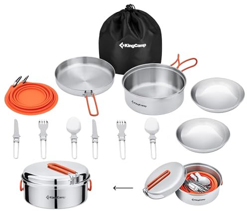 KingCamp Set Pentole da Campeggio 2 Persone Set Stoviglie da Campeggio Utensili da Cucina Pentola Padella Posate Piatti Acciaio Inox Ciotole Pieghevole 17Pcs