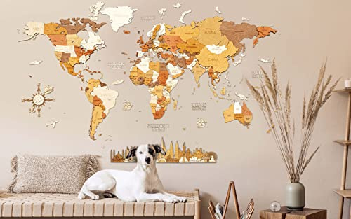 68travel Hölzerne Weltkarte Wanddekoration - mehrschichtig, gebeiztes Holz, eingravierte Namen - einzigartiger 3D-Effekt - für Wohnzimmer, Büro und Schlafzimmer XL (200x125 cm)
