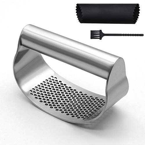 Topways Knoblauch Ingwer Presse Wippe, Knoblauchpresse 430 Edelstahl Küchenhelfer Crusher Squeezer Küchenhelfer Knoblauchpresse für Knoblauch Ingwer, Silikon Knoblauchschäler, Reinigungsbürst