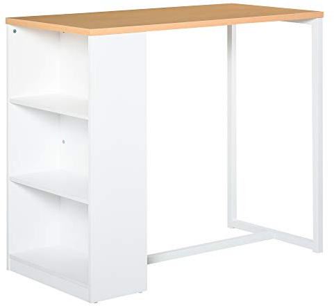 HOMCOM Mesa Alta de Cocina Mesa de Bar con 3 Estantes Estructura de Metal Antivuelco Carga 100 kg para Comedor 115x55x100 cm Blanco y Roble