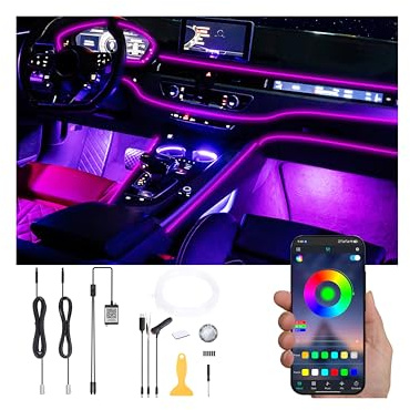 QAUBEN Auto Umgebungsbeleuchtung Glasfaser 64 Farben Musik Sound Aktiv mit APP Steuerung Auto Dekorative Atmosphäre Beleuchtung Kit DC 12V 1W 3m
