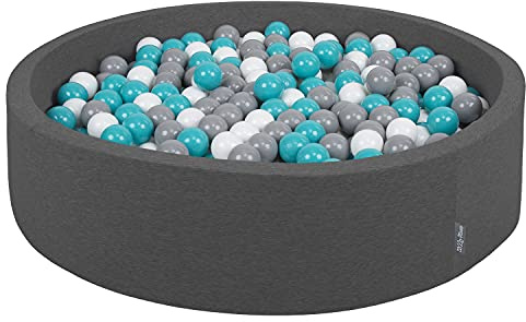 KiddyMoon Mjuk bollgrop rund 120 x 30 cm/600 bollar 7 cm/2,75 tum för barn, skumboll pool baby lekbollar barn, tillverkad i EU, mörkgrå: grå-vit-turkos