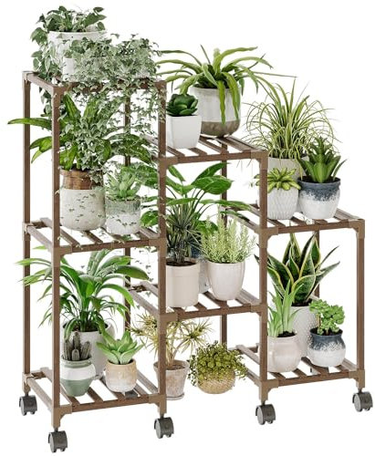 Bamworld Plant Stand with Wheels for Indoor Plants Wood Outdoor Tiered Shelf 3 Tire 7 Potted Ladder Plant Holder Table Pot Stand for Window Garden Balcony Patio Living Room (With wheel)