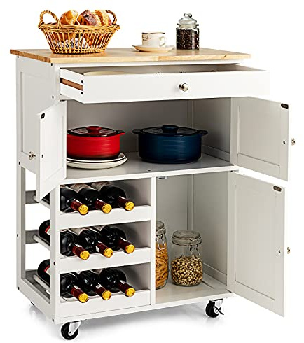 COSTWAY Carro de Cocina, Isla de Cocina con Superficie de Madera de Goma, Cajón, Botellero con 3 Niveles, 2 Armarios, Carrito Giratorio Ideal para Restaurante Cocina Bar (Blanco)