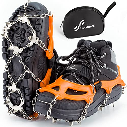 Sportneer Stegjärn för vandringskängor stegjärn för promenadstövlar 19 spikar rostfritt stål halkskydd klättring stegpinnar för skor stövlar, säkert skydd för promenader, klättring, vandring på snö, orange, XL