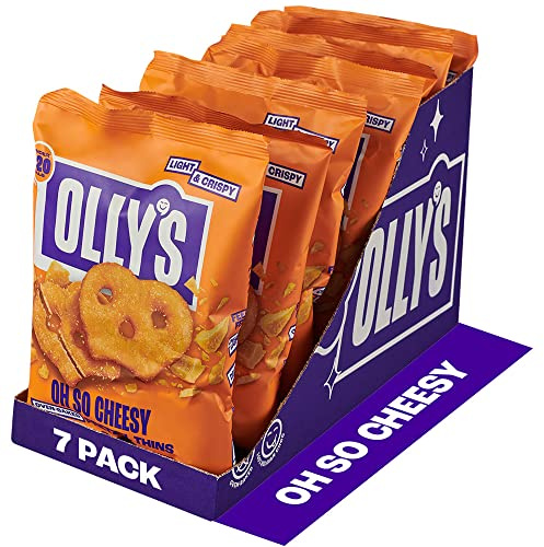 Olly's Pretzel Thins, Oh So Cheesy, 140g (Pack of 7), Handy Snack Pouches, Healthy Plant-Based Vegan Snacks for Dipping, Low Calorie Snacks, Low Fat, Source of Fibre, No Preservatives