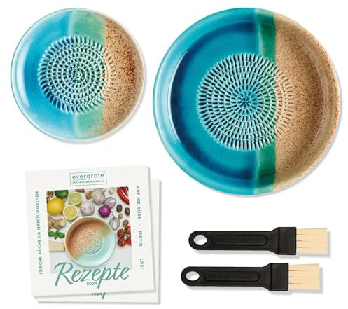 evergrate Geniales Duo: Tellerreibe + Dipschale Motiv Ocean mit 2 Küchenpinsel und 2 Rezepthefte