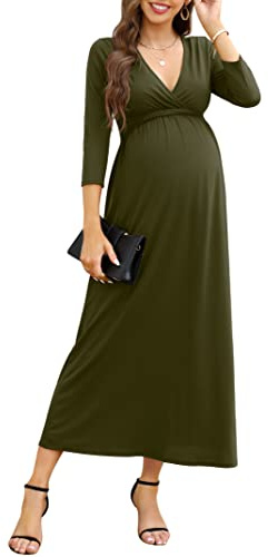 KOJOOIN Vestido de Maternidad para Mujer con Cuello en V Vestido Largo de Lactancia Manga 3/4 Casual Plisado Vestido de embarazoVerde Ejército (3/4 Manga) XL
