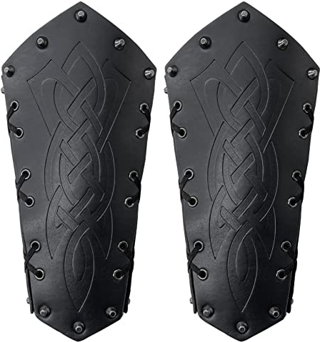 2 pezzi parabraccia in pelle, parabraccio per tiro con l'arco vichingo, parabraccio medievale, parabraccio vintage per cosplay LARP (Nero)