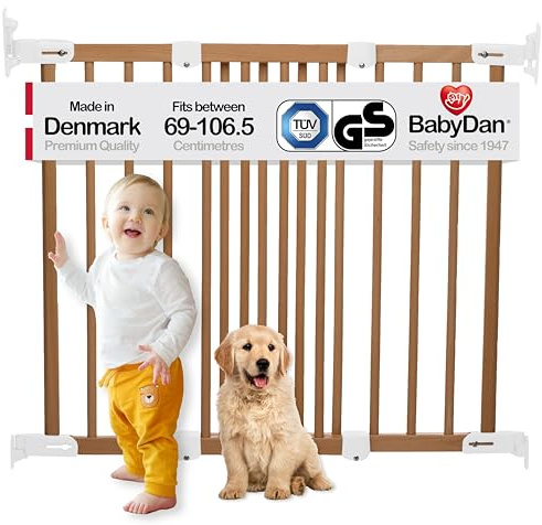 BabyDan Nyborg, 69-106,5 cm, Verlängerbares und Flexibles Treppengitter/Babygitter/Sicherheitsgitter, Holz, Hergestellt in Dänemark - (Haustiergitter/Hundegitter)