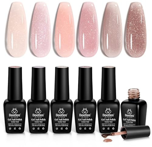Beetles UV Gel Nagellack Set - 6 Farben Jelly Glitzer Nails Transparent Rosa Beige Shimmer Sommer Gel Nagelkunst Nagellampe DIY Neutrale Nagelkunst Maniküre für Anfänger