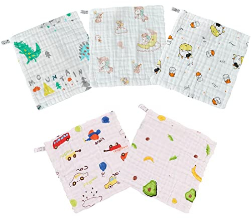 LICHUANUK Baby Musselin Waschlappen, 5 Stück weiche Bambus Baumwolle Baby Handtuch,Neugeborene Musselintücher 100% Weiche Baumwolle,für Jungen und Mädchen, 25x25 cm Waschlappen Kinder Tücher