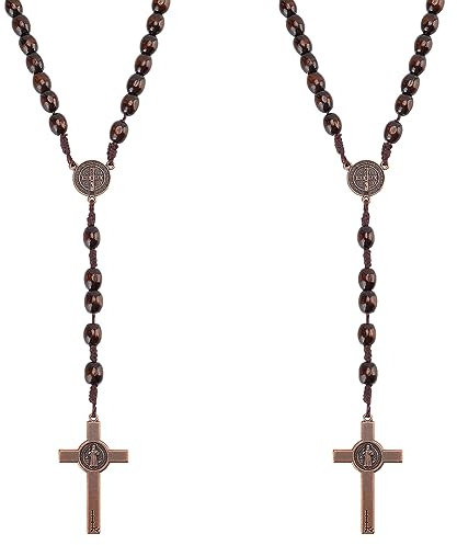 WEBEEDY 2 Stück Handgefertigte katholische Rosenkränze aus Holz Holzperlen Rosenkranz Halskette Gebetskette Kreuz Kruzifix Katholische Kreuzanhänger Halskette für Frauen und Männer
