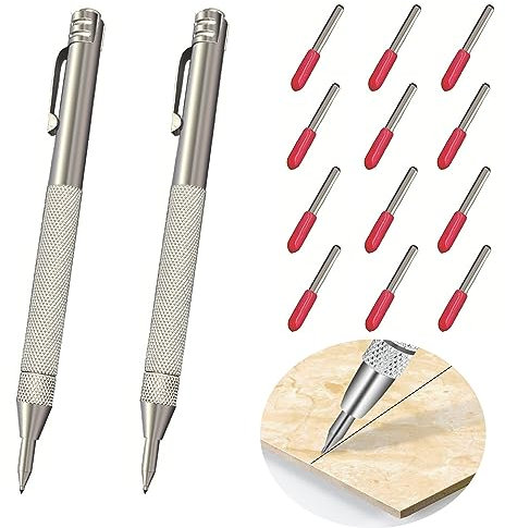 2pcs Tungsten Carbide Tip Scriber with 12 Replacement Marking Tip, Aluminium Magnet Carbide Scribe Tool Etching Pen with Clip, Metal Engraving Pen for Glass, Ceramics. Hardened Steel Metal Sheet.