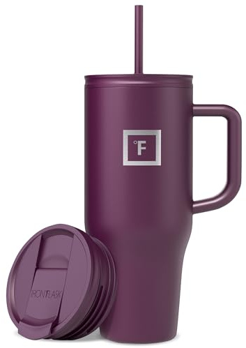IRON °FLASK Co-Pilot Insulated Mug w/Straw & Flip Cap Lids - Cup Holder Bottle for Hot, Cold Drink - Leak-Proof - Water, Coffee Portable Travel Mug - Burgundy, 32 Oz